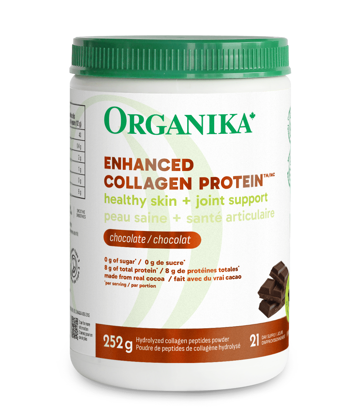 Organika Enhanced Collagen Protein container with green lid on a white background