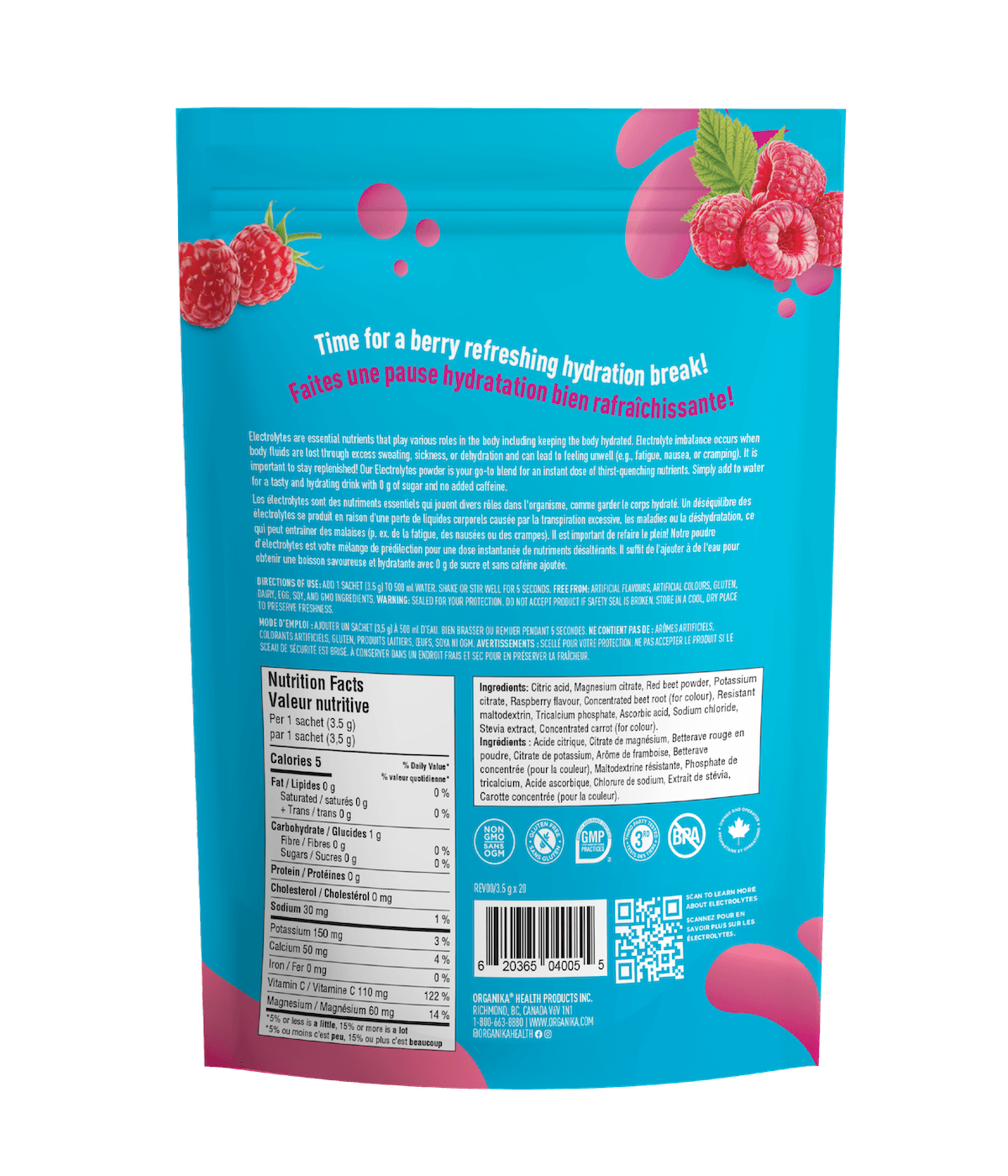 优格康 Organika Electrolyte Wild Raspberry, 350g Canadian Packaging information