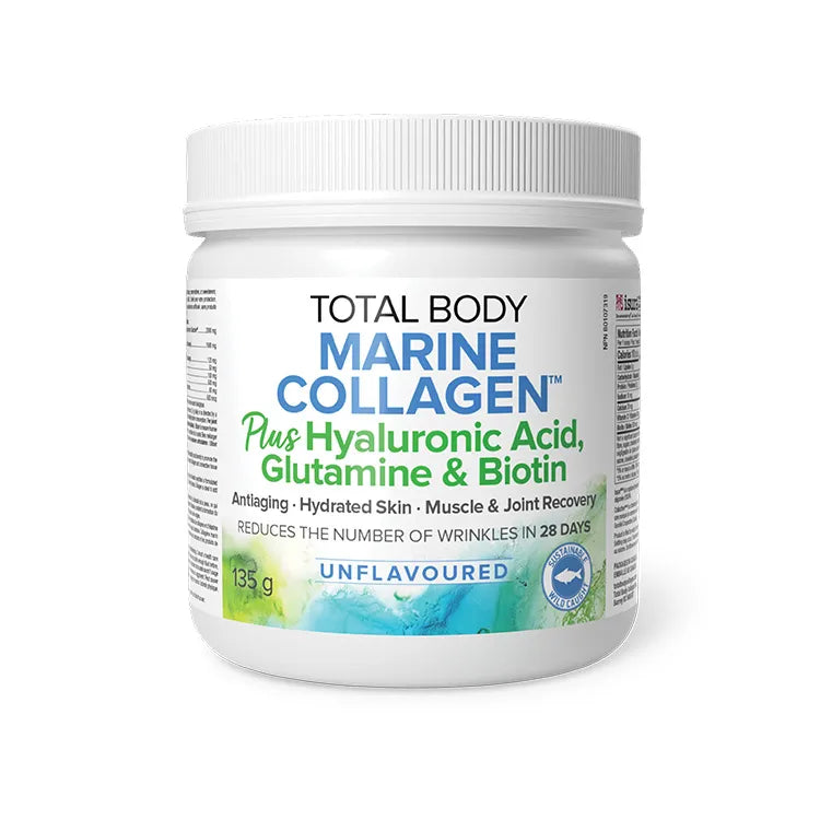 Container of Total Body Marine Collagen with additional ingredients on a white background nitvd.com Canada