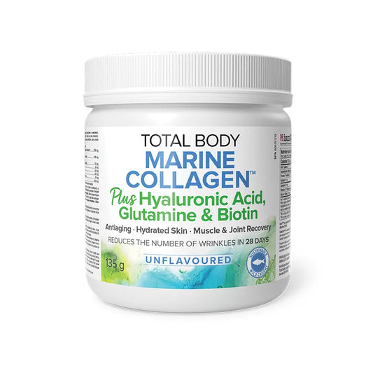 Container of Total Body Marine Collagen with additional ingredients on a white background nitvd.com Canada