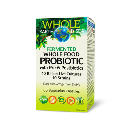 Box of Whole Earth & Sea fermented whole food probiotic on a white background