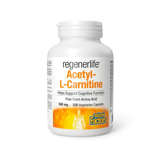 Regenerlife Acetyl-L-Carnitine supplement bottle on a white background Canadian label available online nitvd.com