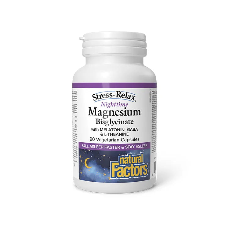 Bottle of Natural Factors Stress-Relax Nighttime Magnesium Bisglycinate supplement on a white background Canada Natural Vitamin Direct