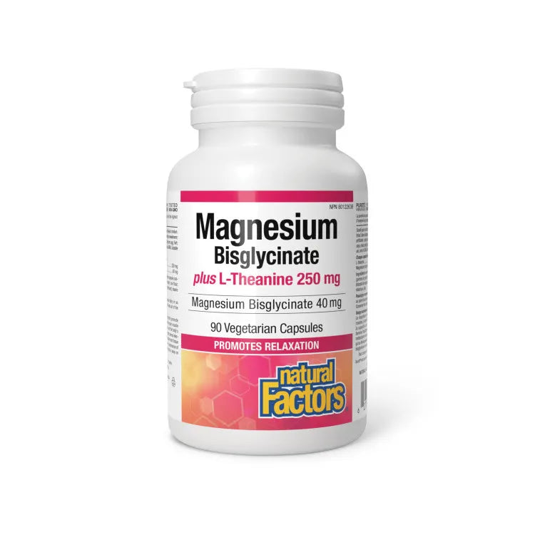 Bottle of Magnesium Bisglycinate supplement by Natural Factors on a white background Canadian label available online nitvd.com