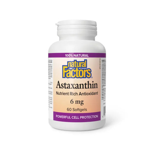 Bottle of Natural Factors Astaxanthin supplement on a white background Canadian label available online nitvd.com