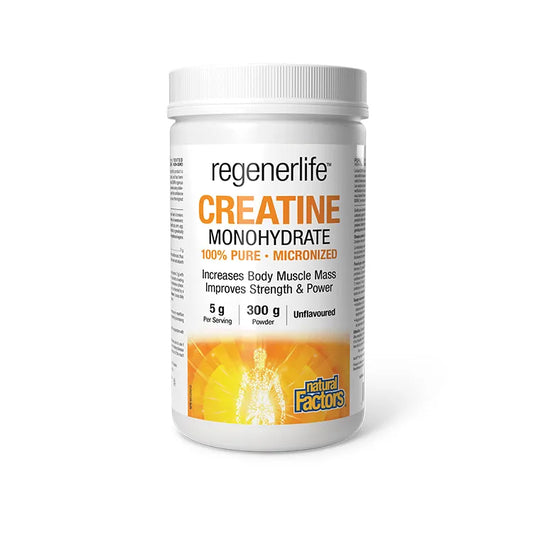 Regenerlife Creatine Monohydrate 300g supplement container on a white background Canadian label available online nitvd.com