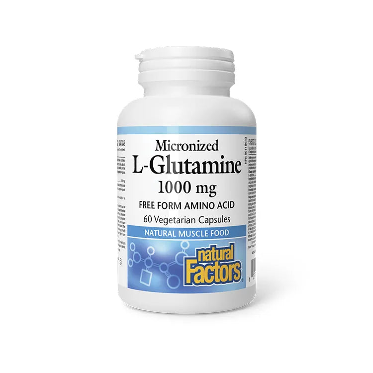 Bottle of Natural Factors L-Glutamine supplement on a white background Canadian label available online nitvd.com