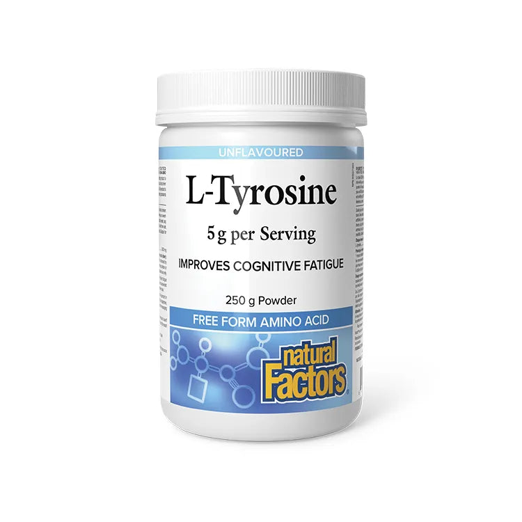Container of L-Tyrosine powder by Natural Factors on a white background Canadian label available online nitvd.com