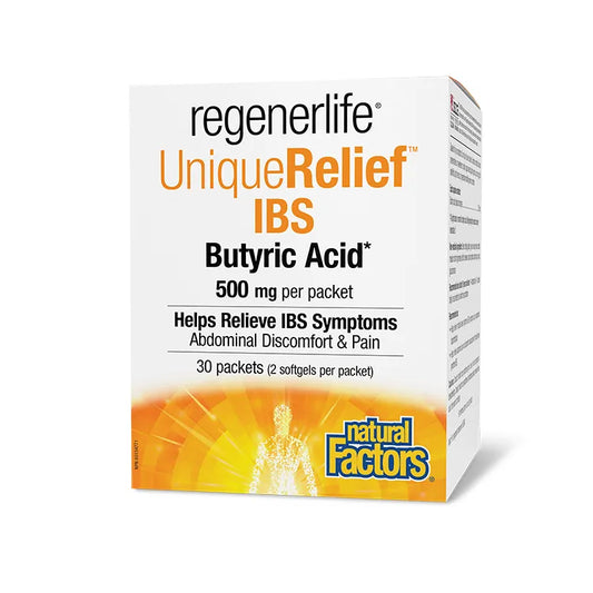 Regenerlife UniqueRelief IBS Butyric Acid supplement box on a white  background nitvd.com Canada
