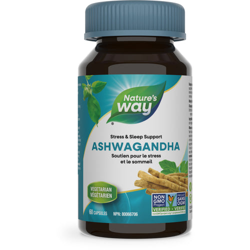 A bottle of Nature's Way Ashwagandha supplements with 60 Vcaps. The label indicates that it is a stress and sleep support supplement, vegetarian, and non-GMO.