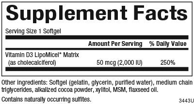 Natural Factors Vitamin D3 LipoMicel Matrix，50 mcg（2000 IU）180 Liquid Softgels supplement facts