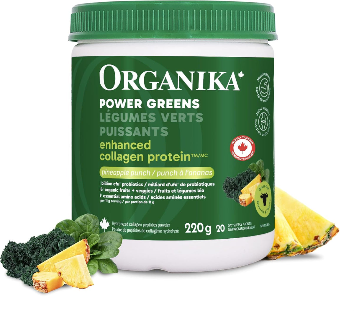 Organika Power Greens 220 g bottle on white background Canadian Label