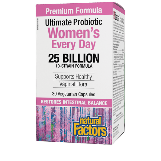 Box of Natural Factors Women's Every Day Probiotic 25 Billion with 30 VCaps. The packaging is pink and white with product information and branding visible. Canadian label available online nitvd.com