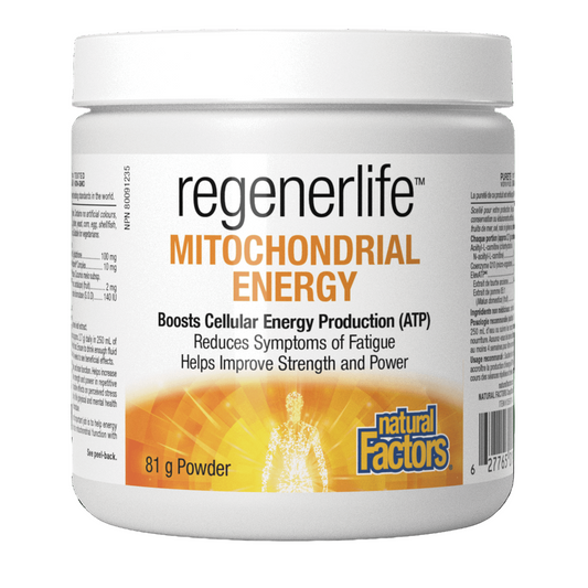 A container of Natural Factors RegenerLife Mitochondrial Energy powder, which is labeled to help boost cellular energy production and reduce symptoms of fatigue.