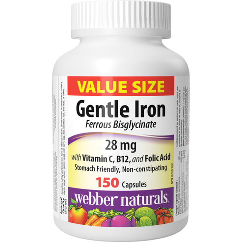 A bottle of Webber Naturals Gentle Iron with Ferrous Bisglycinate, Vitamin C, B12, and Folic Acid, containing 150 capsules, in value size packaging.