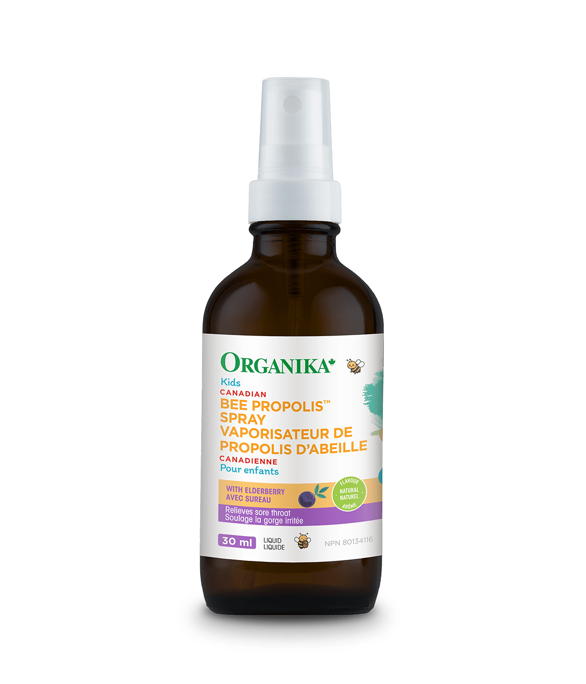 A bottle of Organika Bee Propolis Spray with Elderberry, 30 ml, with a white spray nozzle and a label showing the brand and product name.