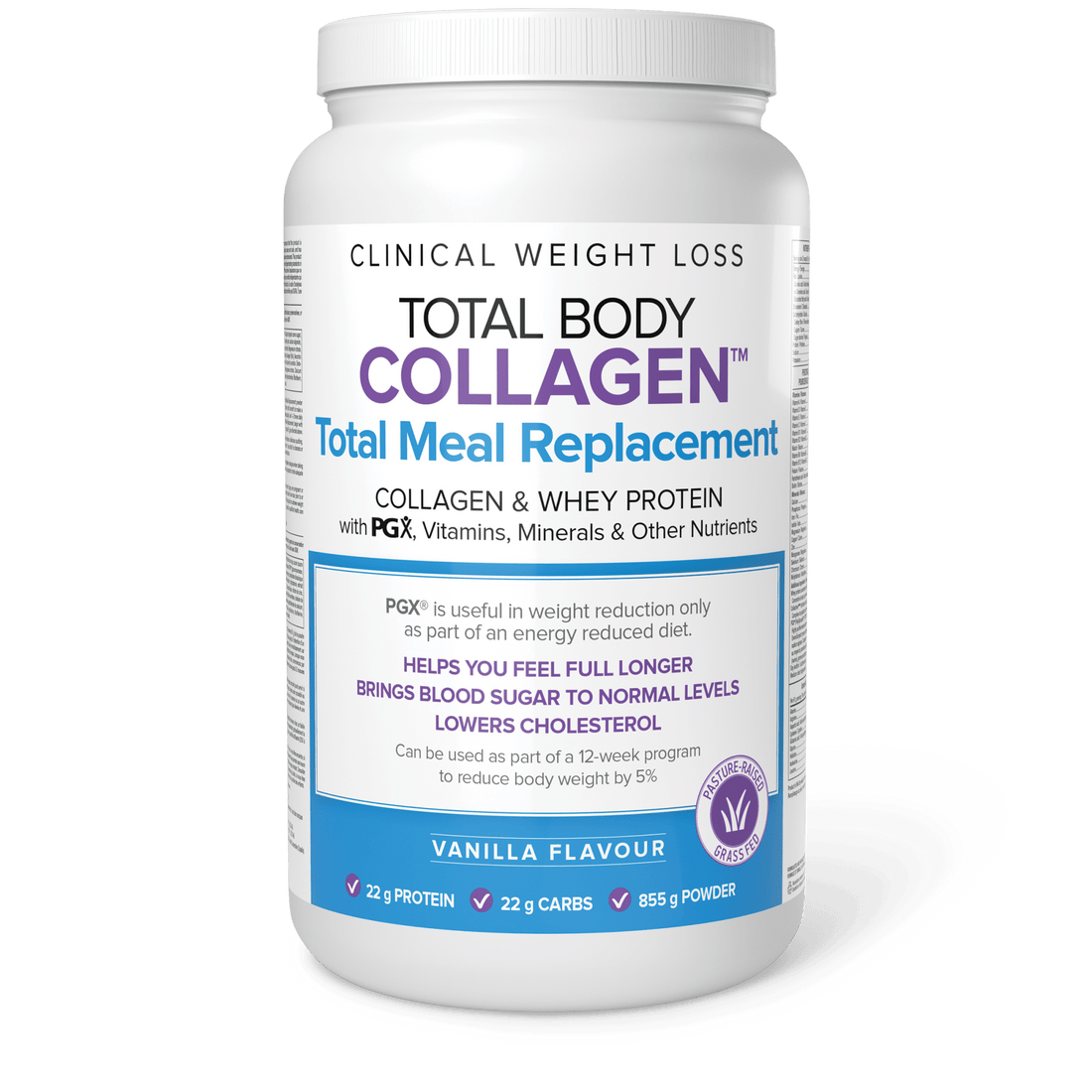 A container of Natural Factors Total Body Collagen Total Meal Replacement powder in vanilla flavor.