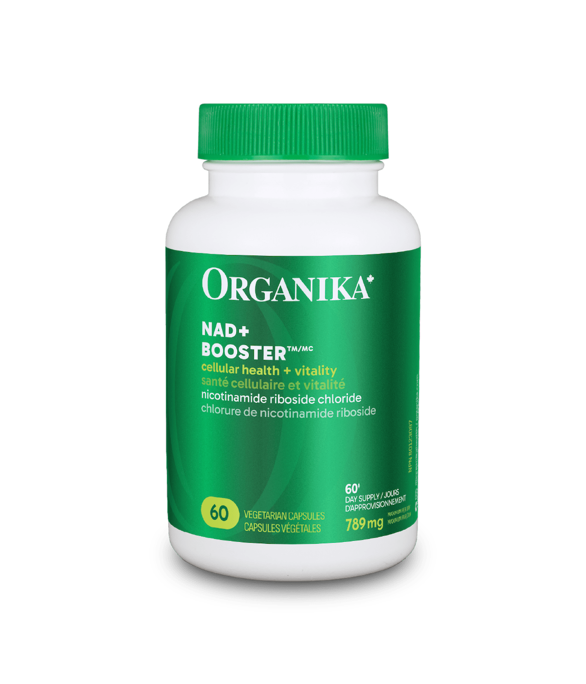 Organika NAD+ Booster supplement bottle on a green background
