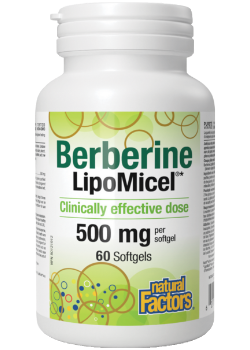 A bottle of Natural Factors Berberine LipoMicel 500mg softgels, containing 60 capsules, with emphasis on heart health and cardiovascular support.