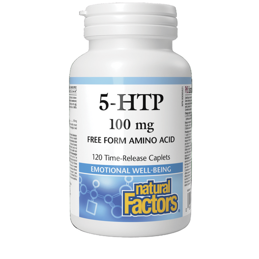 Bottle of 5-HTP 100 mg capsules with Natural Factors branding on a green background Canadian label available online nitvd.com