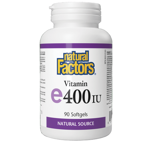 Bottle of Natural Factors Vitamin E 400 IU on a white background