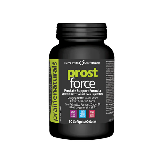 Black bottle of Prost Force supplement with label on a white background Canadian label nitvd.com