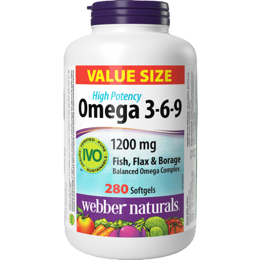 Webber Naturals Omega 3-6-9 1200 mg Softgels Fish, Flax & Borage 280 softgels (Value Size) Canadian label webber naturals 魚油