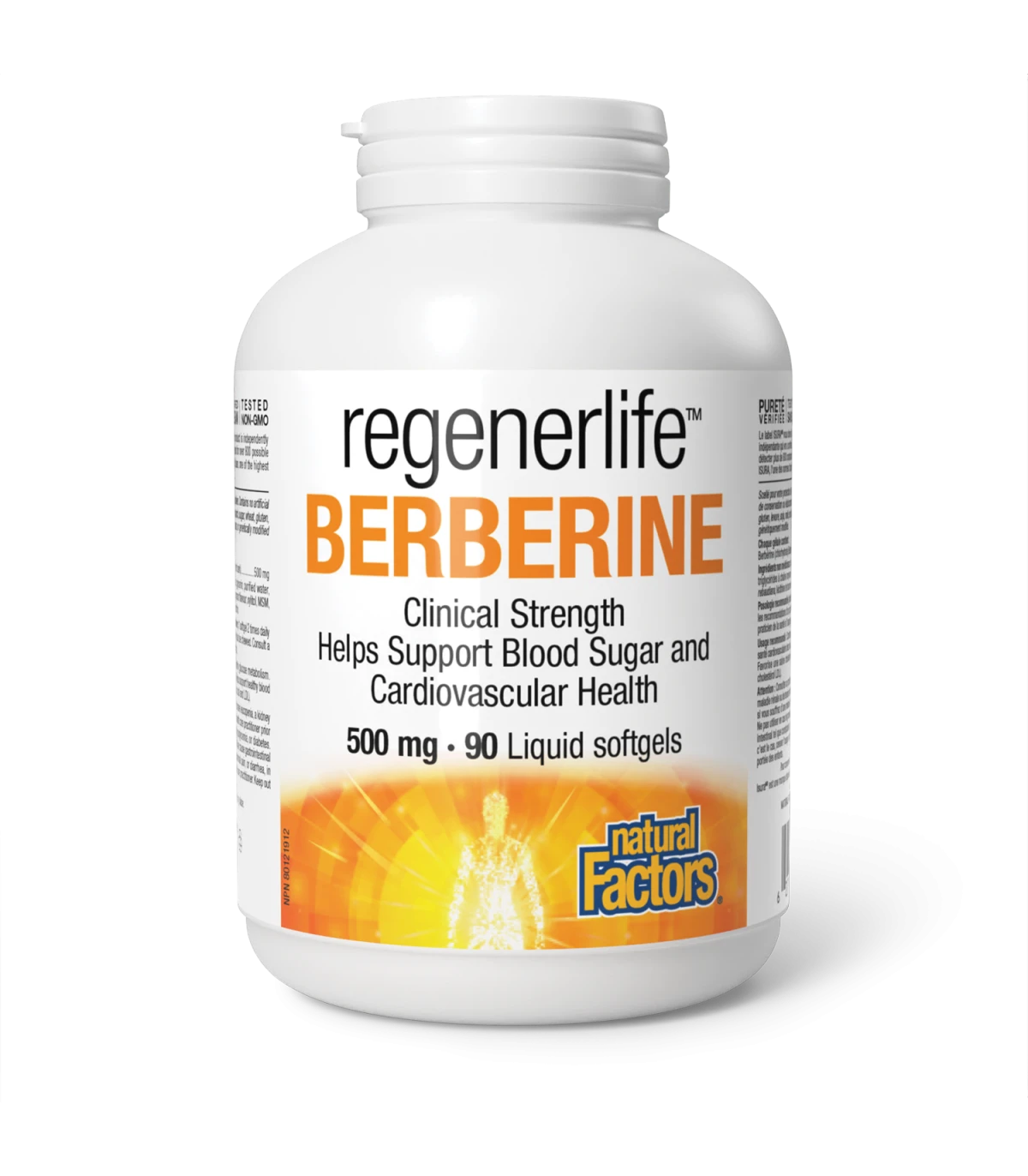 A bottle of Natural Factors RegenerLife Berberine 500mg with 90 liquid softgels.