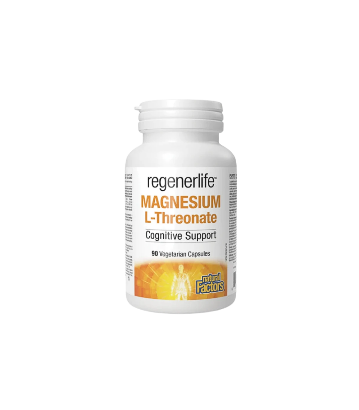 A bottle of Natural Factors Magnesium L-Threonate 667 mg with 90 vegetarian capsules, labeled as Cognitive Support.