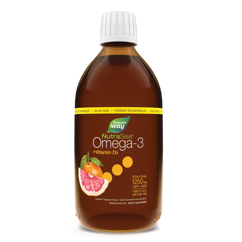 A bottle of NutraSea+D Omega-3 Vitamin D in grapefruit tangerine flavor, 500mL.