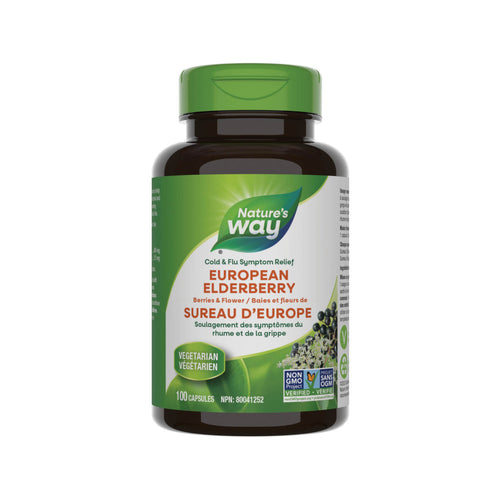 A bottle of Nature's Way Elderberry 100 capsules with a green cap and a label displaying the product information.
