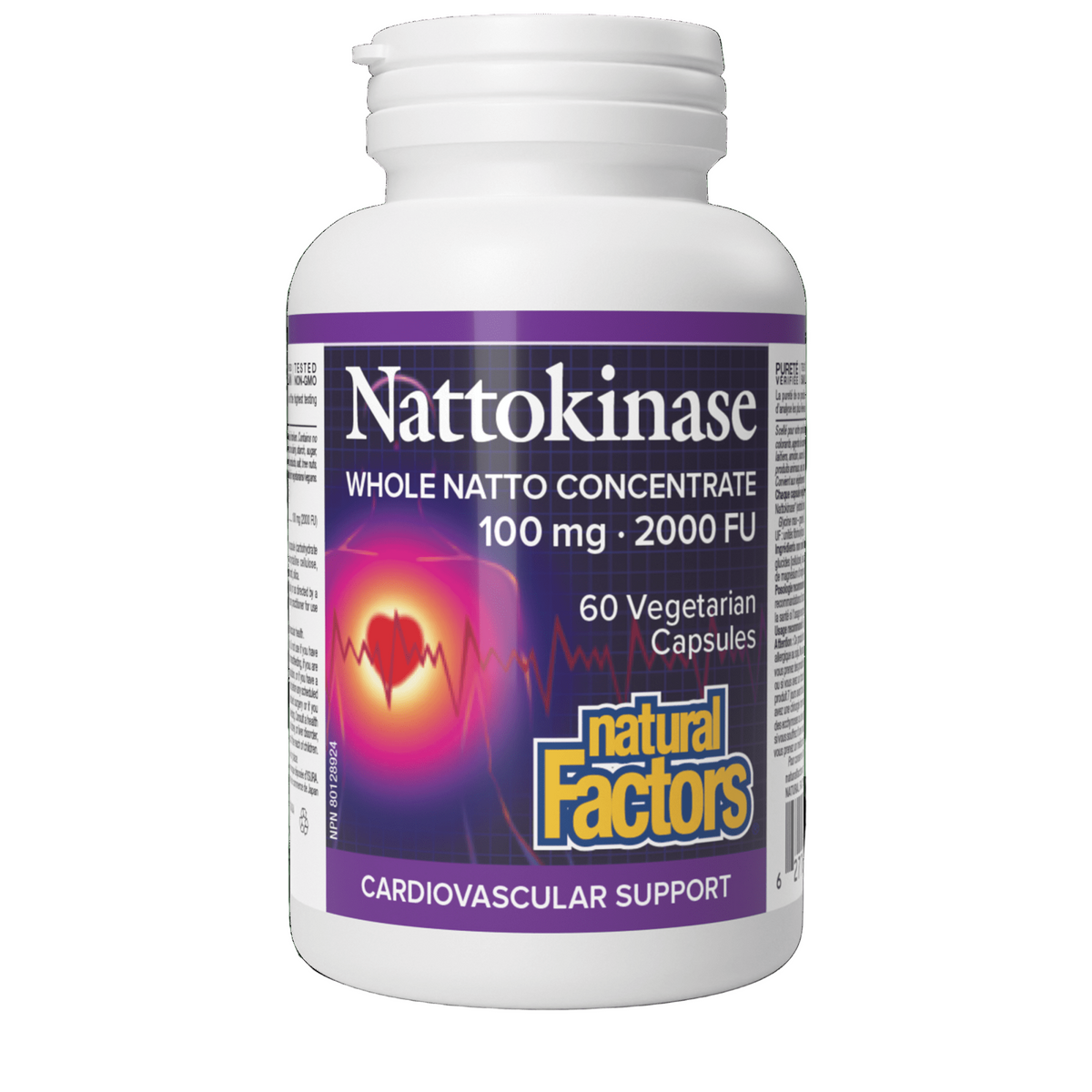 A bottle of Natural Factors Nattokinase 100 mg with 60 vegetarian capsules, labeled for cardiovascular support.