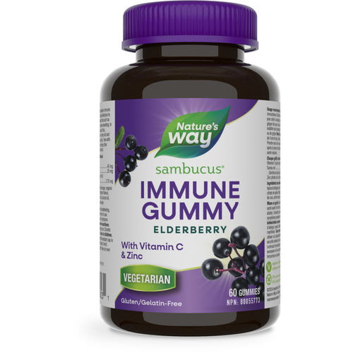 A bottle of Nature's Way Sambucus Immune Support Kids Gummies, containing 60 gummies with elderberry, vitamin C, and zinc for immune support.