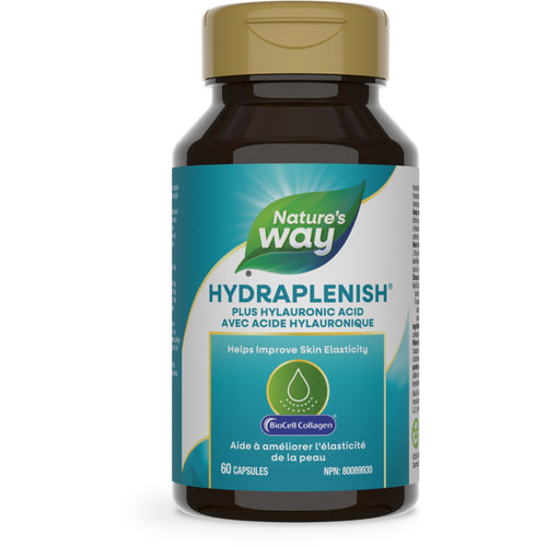 Nature's Way Hydraplenish Collagen supplement bottle with 60 capsules. The label indicates it contains Hyaluronic Acid and is designed to improve skin elasticity.