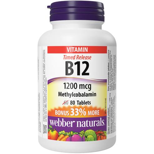 A bottle of Webber Naturals Vitamin B12 Methylcobalamin 1200 mcg Timed release with 80 Tablets, featuring a purple cap and a label with the product details.