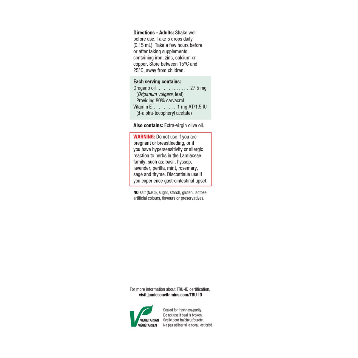 Jamieson Oregano Oil with Vitamin E  25 ml 健美生 ingredient panel