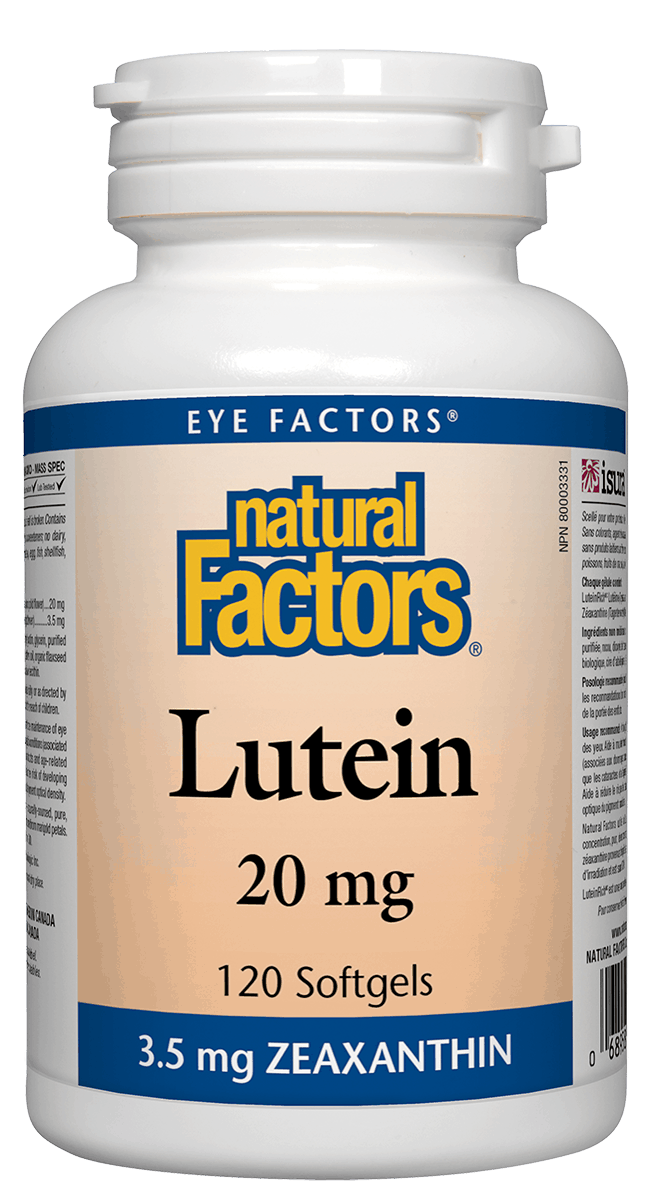 A bottle of Natural Factors Lutein 20 mg softgels with 120 capsules, emphasizing eye health benefits.