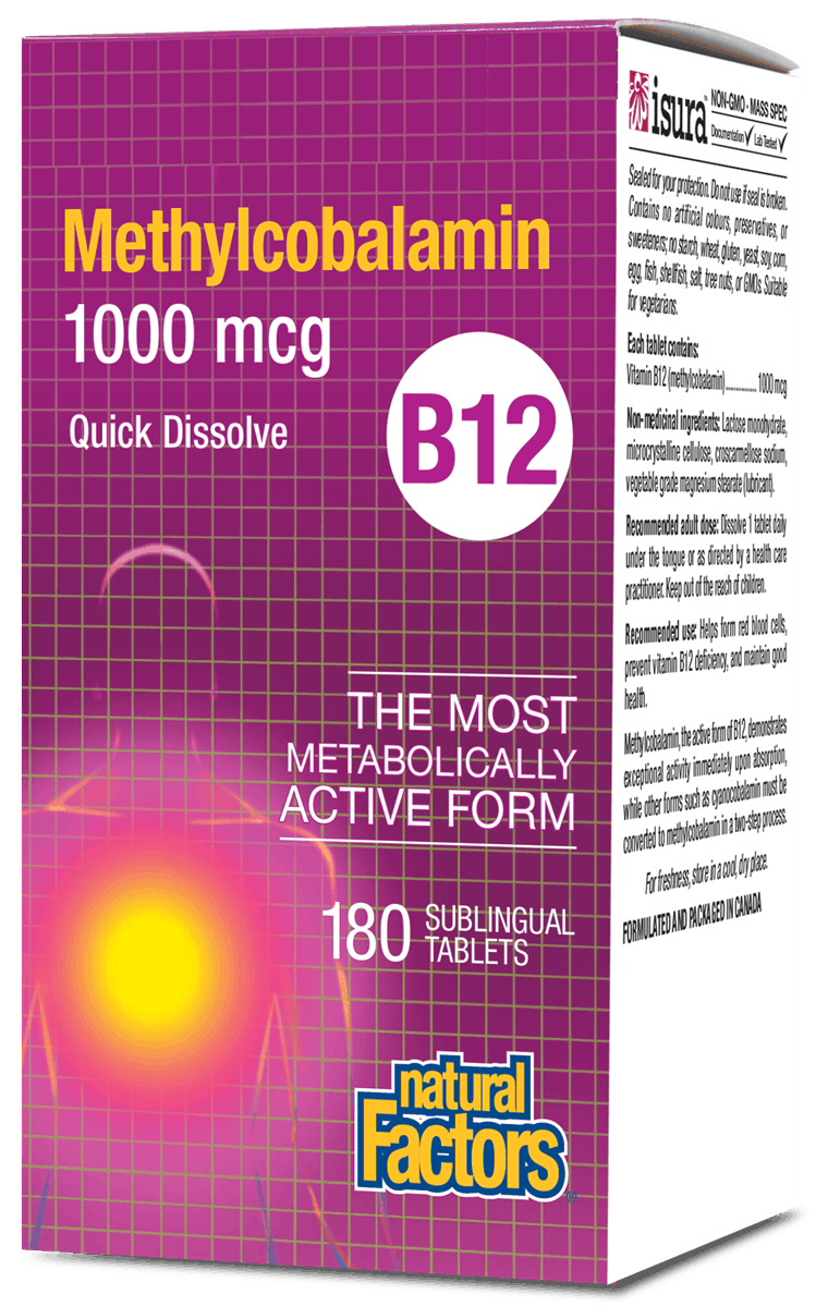 Natural Factors Vitamin B-12 Methylcobalamin, 1000mcg, 180 Sublingual tablets