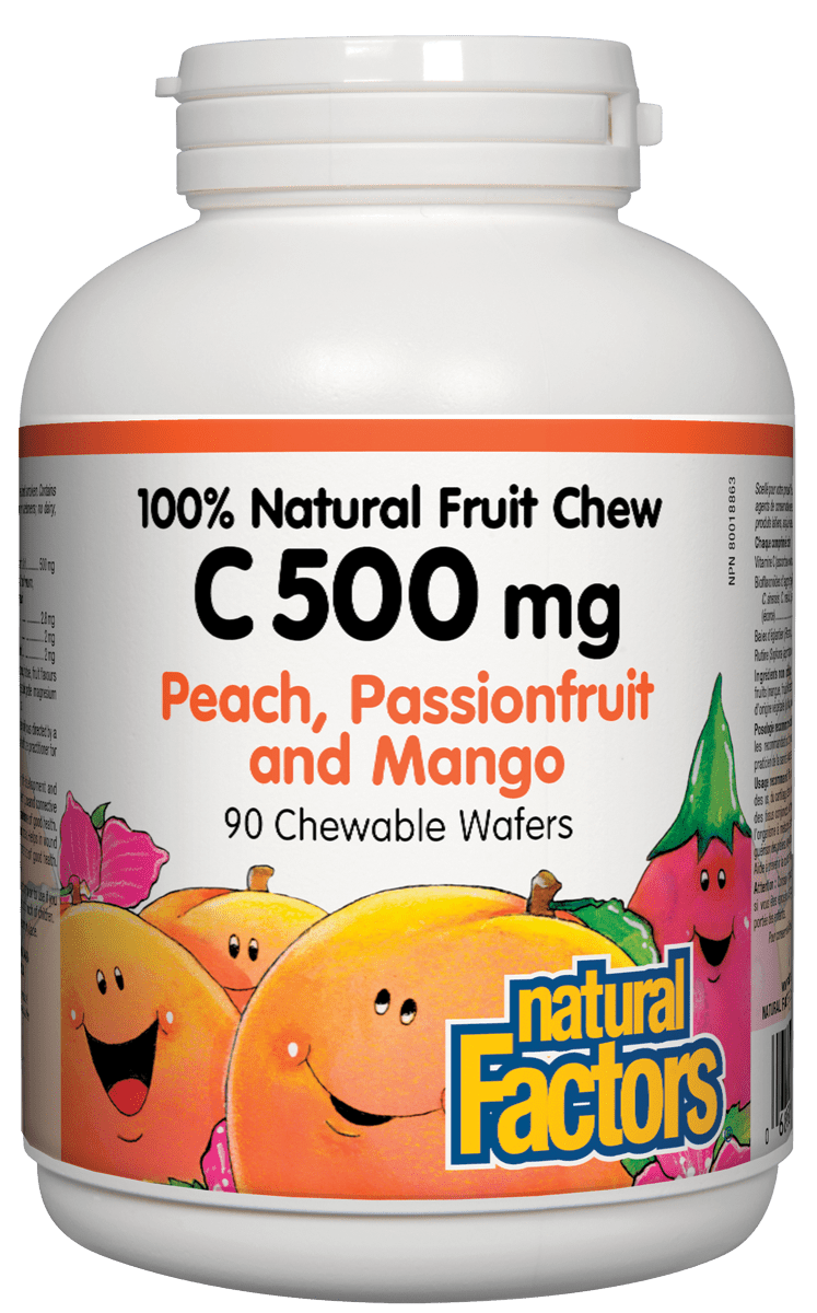 A bottle of Natural Factors Vitamin C 500 mg in Natural Fruit Chew tablets, with flavors peach, passionfruit, and mango, containing 90 chewable wafers.