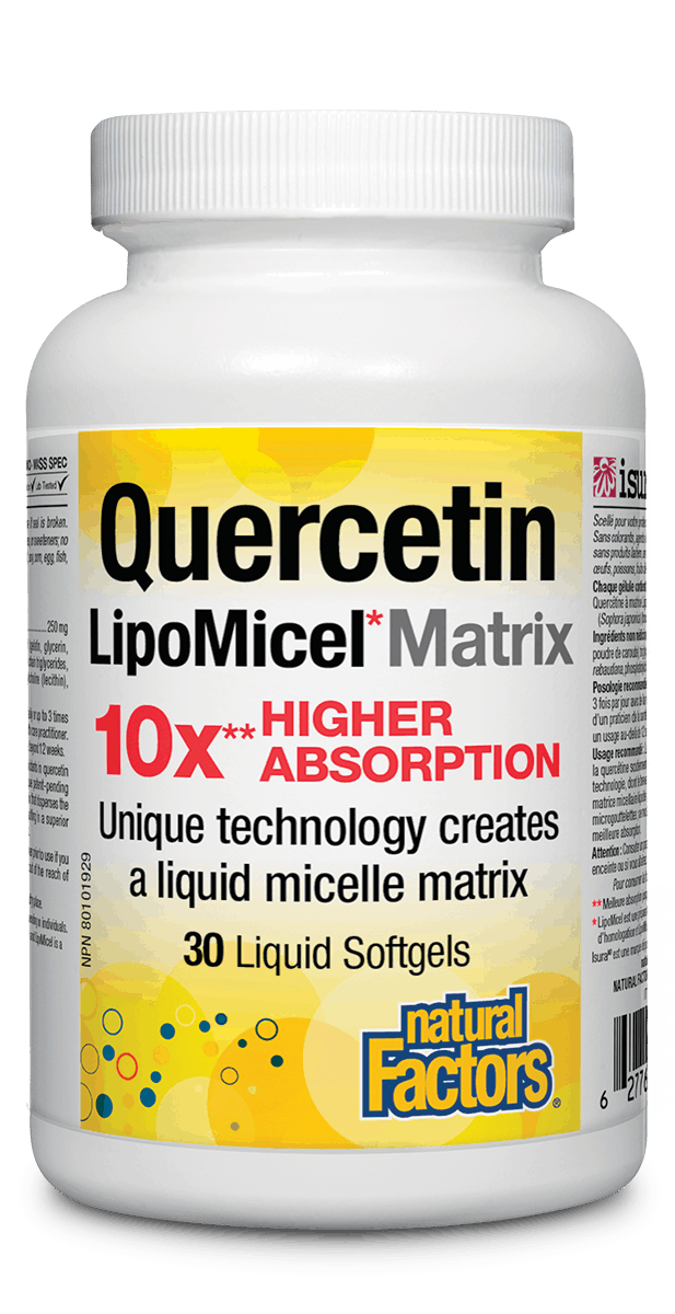 A bottle of Natural Factors Quercetin LipoMicel Matrix 30 softgels, highlighting 10x higher absorption and immune system support.