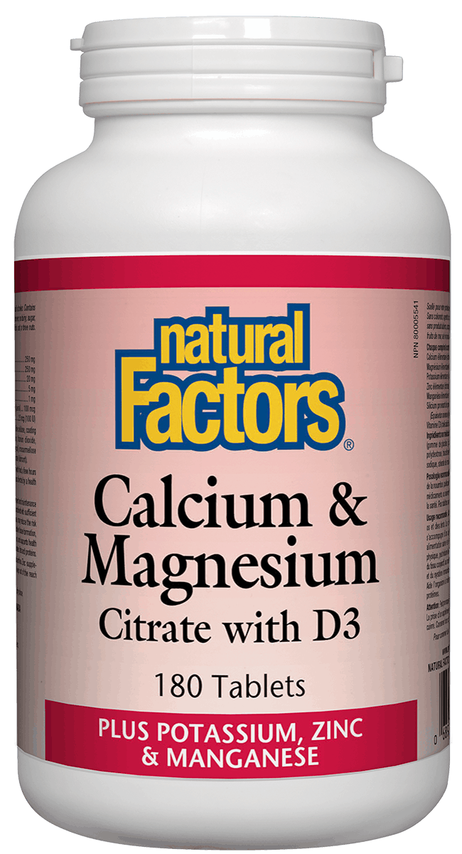 A bottle of Natural Factors Calcium and Magnesium Citrate with D, Plus Potassium, Zinc and Manganese supplements, containing 180 tablets.