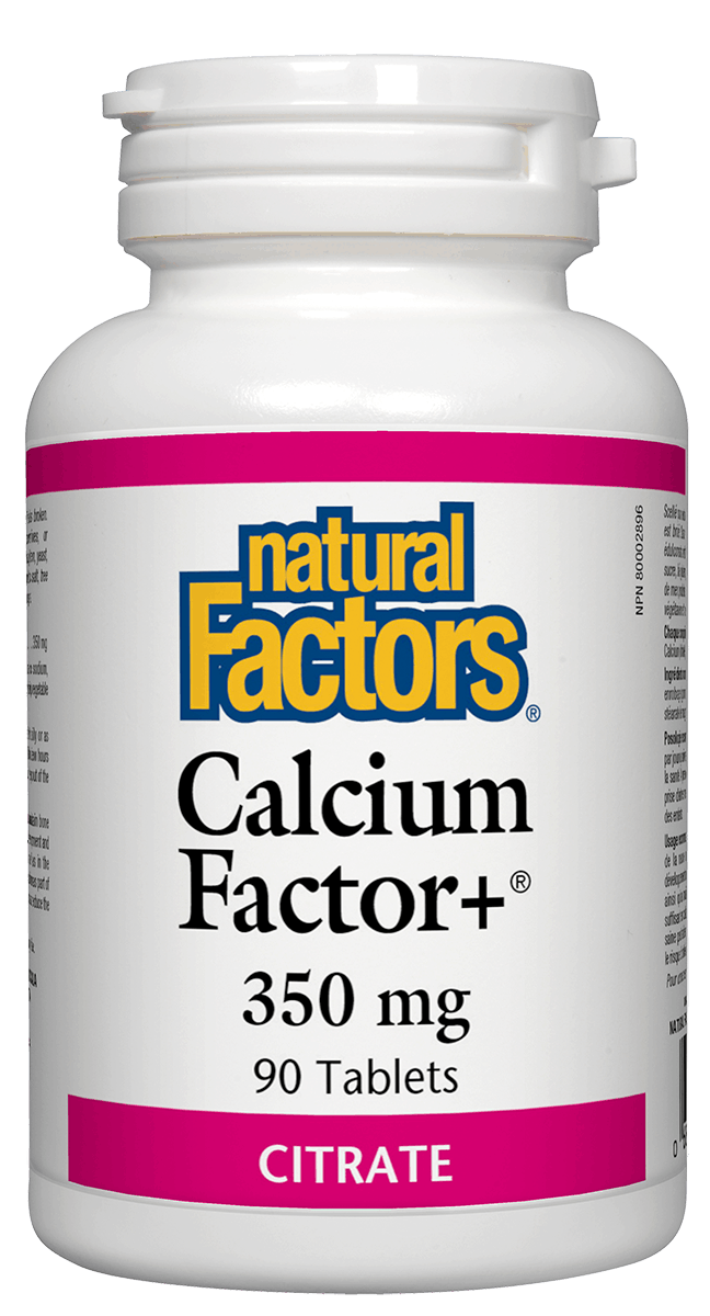 Bottle of Natural Factors Calcium Factor+ with 350 mg of calcium citrate per tablet, designed for bone health.