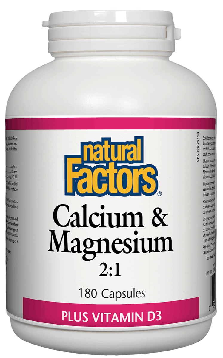 Natural Factors Calcium & Magnesium 2:1, with 100IU Vitamin D, 180 capsules Canadian label sold online by nitvd.com