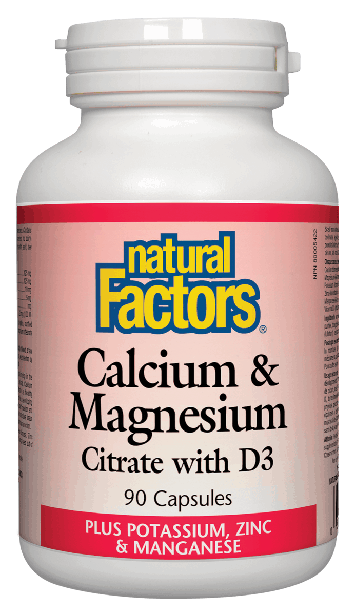 A bottle of Natural Factors Calcium & Magnesium Citrate with D3 Plus Potassium, Zinc & Manganese supplements containing 90 capsules.
