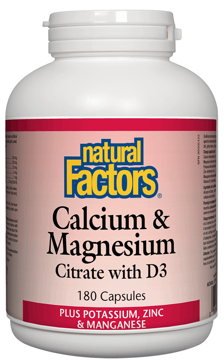 A bottle of Natural Factors Calcium & Magnesium Citrate with D3, containing 180 capsules, in a white and red packaging.