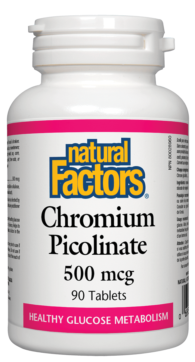A bottle of Natural Factors Chromium Picolinate 500 mcg with 90 tablets, in a white, rectangular container with a label in pink and blue detailing the product name and usage.