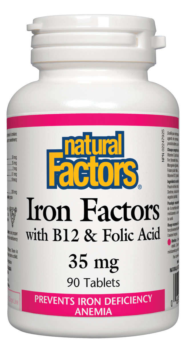 Bottle of Natural Factors Iron Factors with B12 & Folic Acid 35 mg 90 tablets, with label indicating it helps prevent iron deficiency anemia.