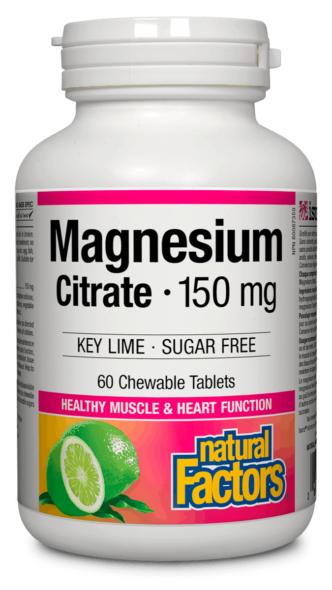A bottle of Natural Factors Magnesium Citrate 150 mg chewable tablets in key lime flavor, with 60 tablets.