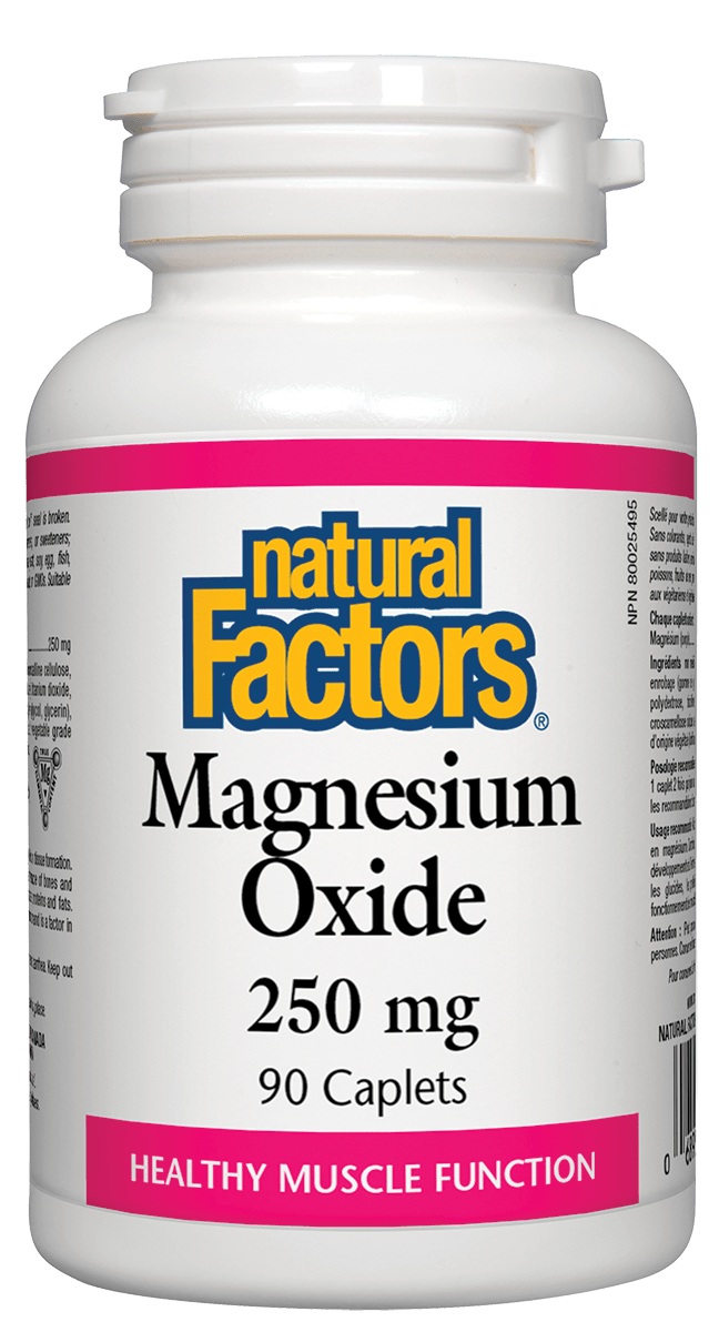 A bottle of Natural Factors Magnesium Oxide 250 mg with 90 caplets, labeled for healthy muscle function.