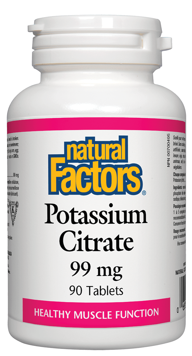 Bottle of Natural Factors Potassium Citrate, 99 mg, with a label indicating 90 tablets.